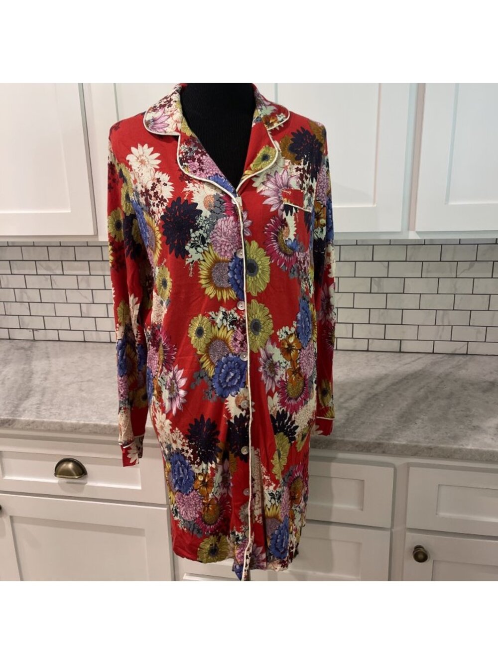 Johnny Was Pajama Gown Womens Small Red Floral Sleep Shirt Bohemian Long Sleeve